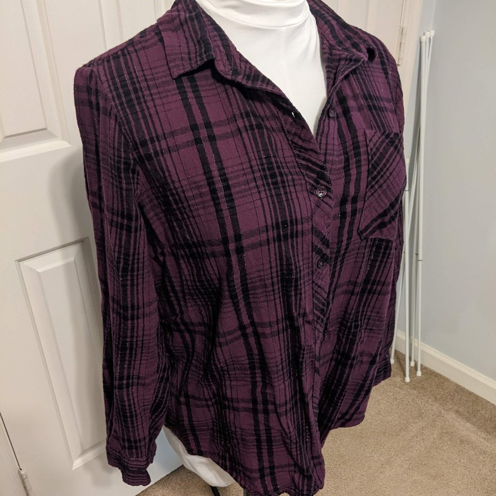 Time and Tru Purple/Black Sparkle Plaid Button Up